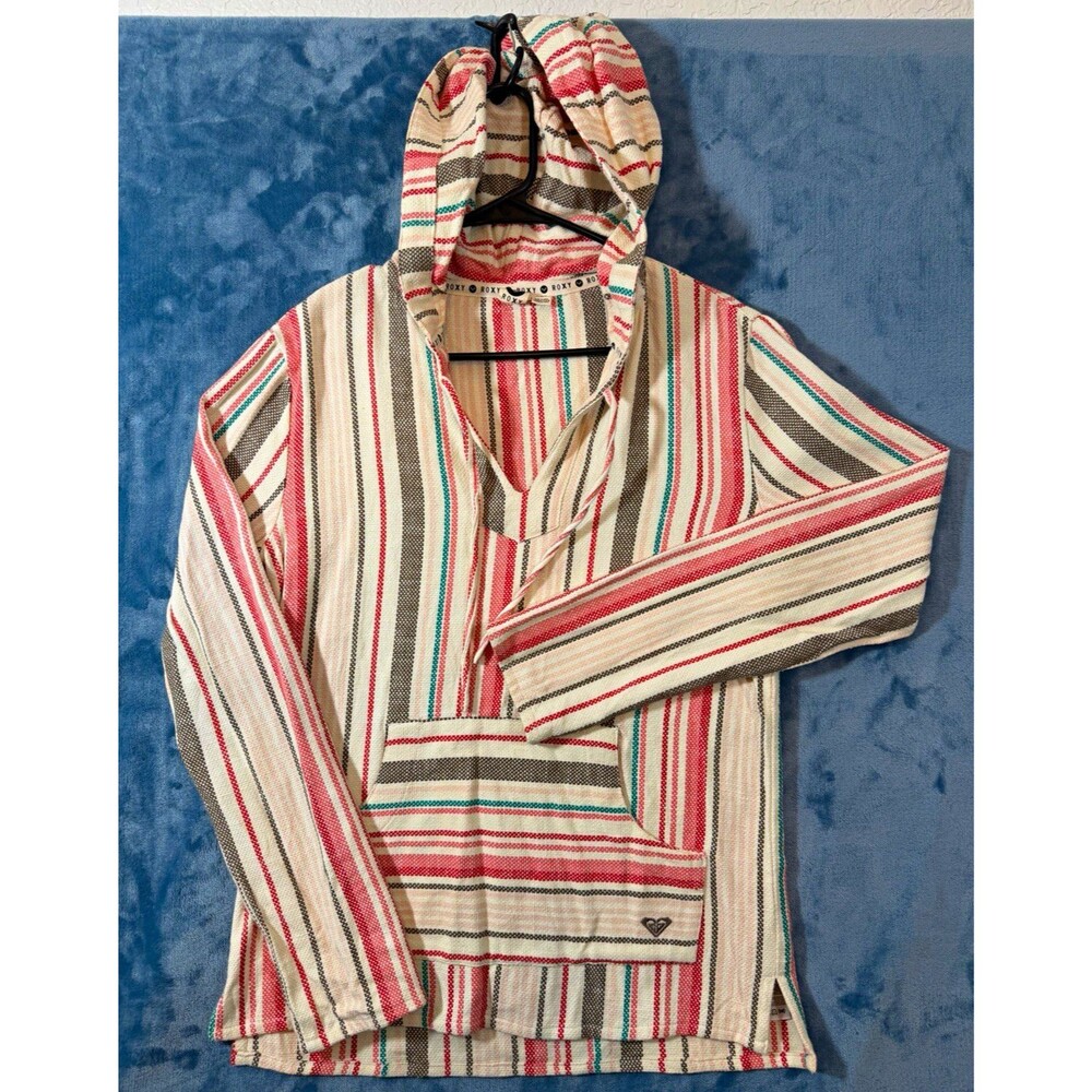 Roxy Womens Striped Poncho Pullover Hoodie Medium Boho Surf Skate Striped Knit
